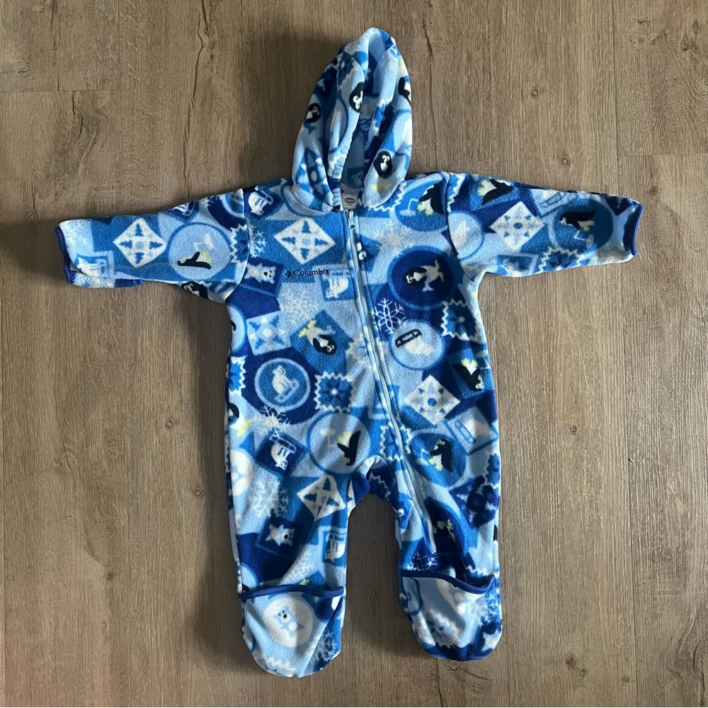 Columbia Blue Multi Fleece Hooded Baby One-Piece Footie